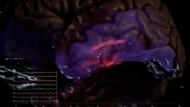 The seizure begins, under the depth electrode.